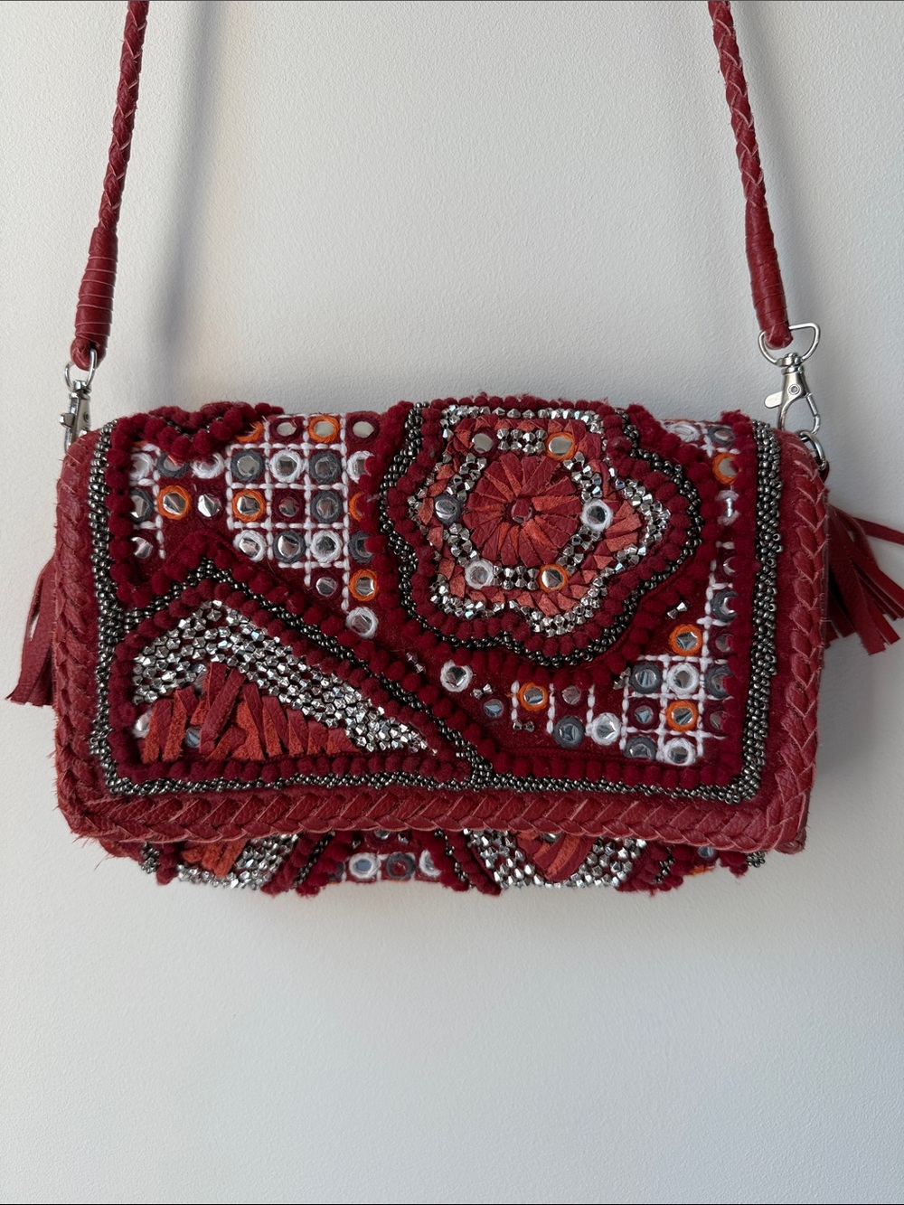 Handcrafted Red Embroidered Crossbody Shoulder Bag